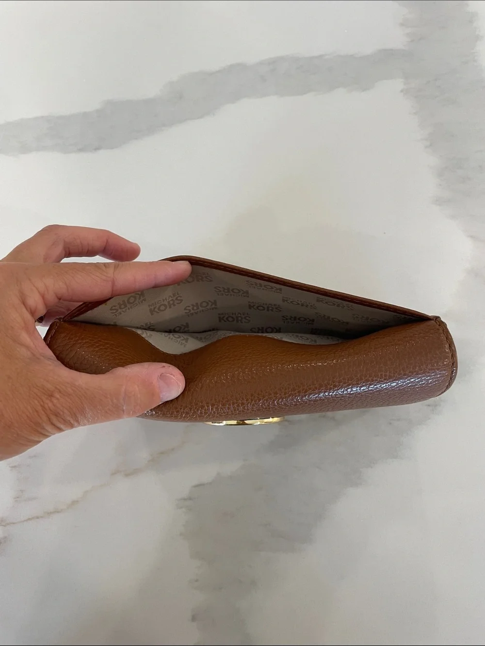 Michael Kors Tan Pebbled Leather Continental Wallet with Gold MK Emblem
